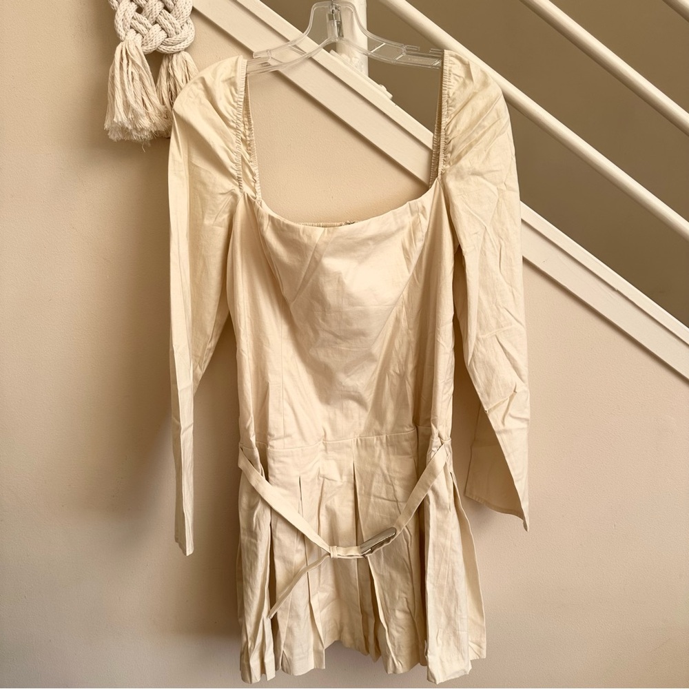 Reformation Luella Long Sleeve Square Neck Pleated Skirt Mini Dress Cream 12 NWT - Picture 4 of 15